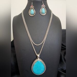 #23. TRENDING! LARGE Faux Turquoise Stone Pendant Necklace & Earrings